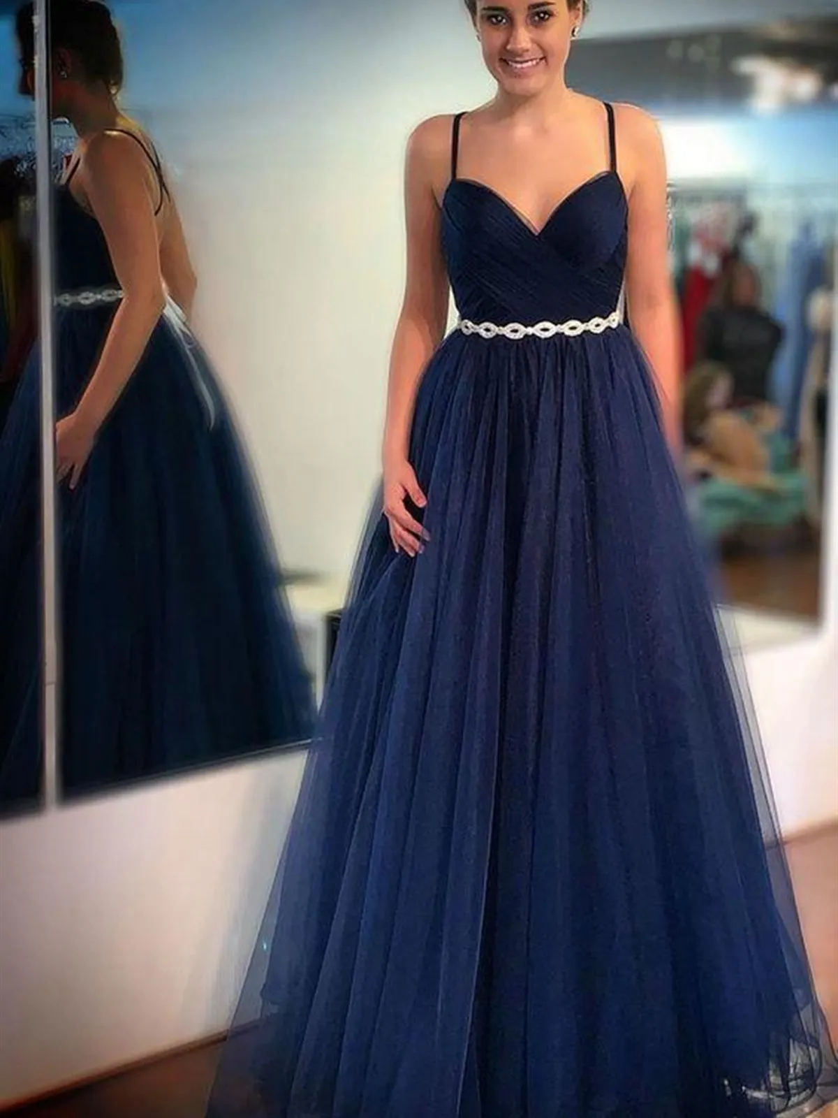 Charming V Neck Navy Blue Tulle Long Prom Dresses with Belt, Navy Blue Formal Graduation Evening Dresses