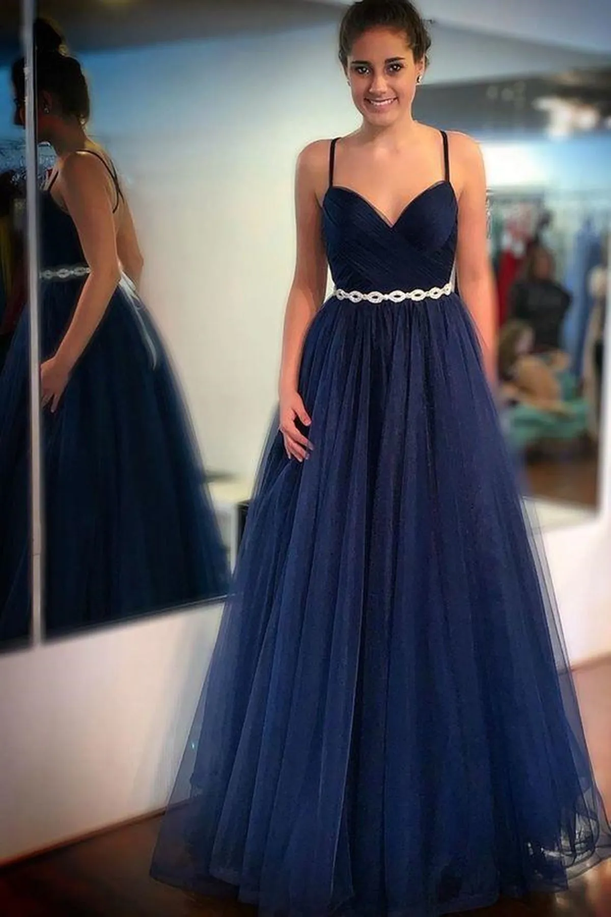 Charming V Neck Navy Blue Tulle Long Prom Dresses with Belt, Navy Blue Formal Graduation Evening Dresses