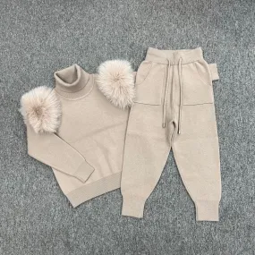 Childrens Beige Luxury Fur Roll Neck Jogger Tracksuit