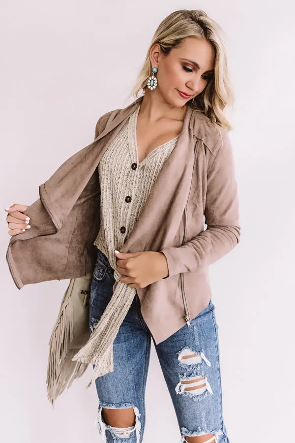 Chills In Chicago Faux Suede Jacket In Taupe