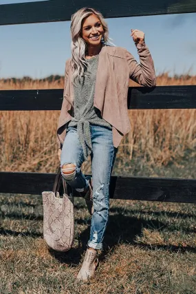 Chills In Chicago Faux Suede Jacket In Taupe