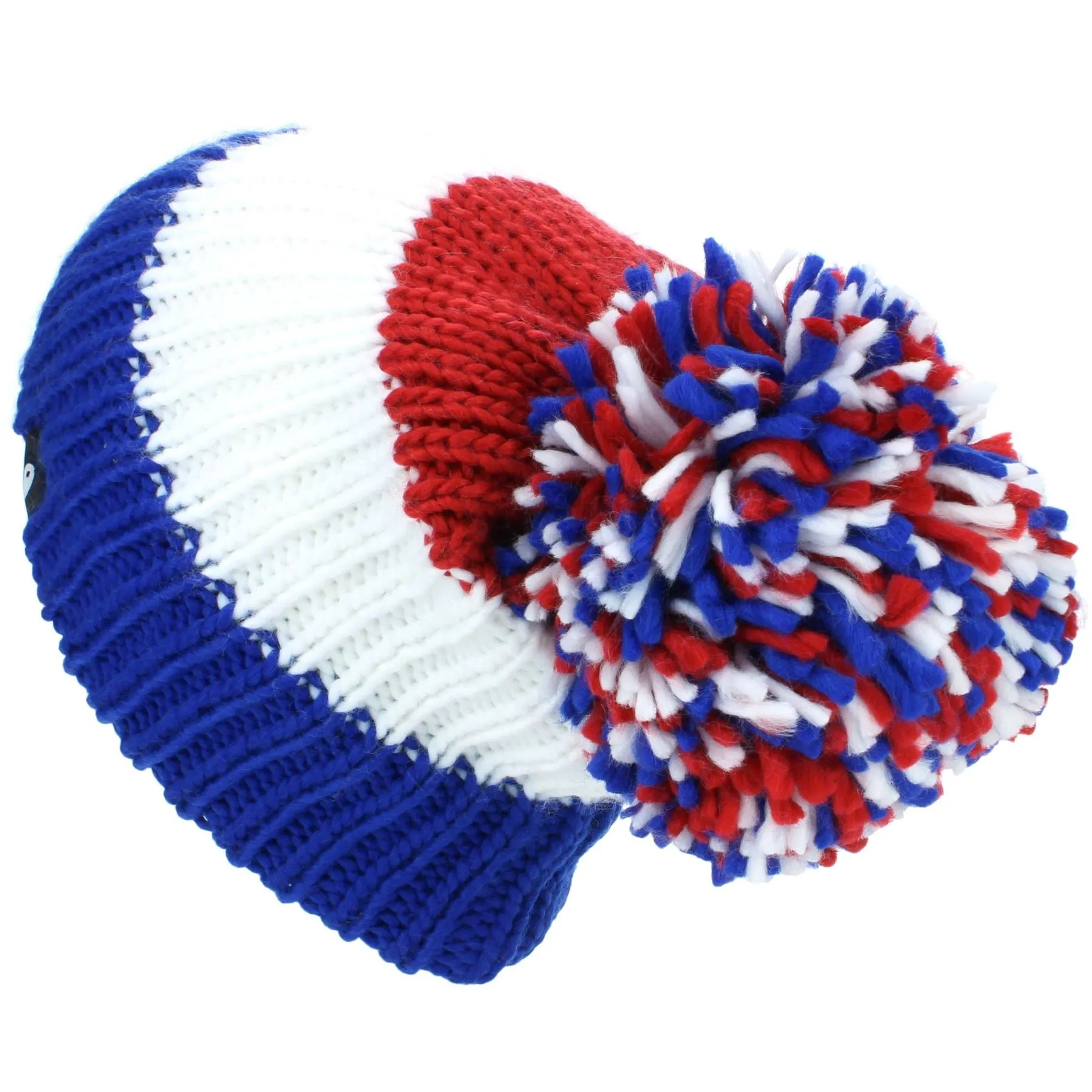 Chunky Acrylic Knit Beanie Hat with a MASSIVE Bobble - Blue, White & Red