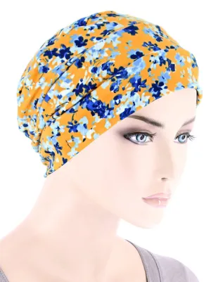 CKC-139#Chemo Cloche Cap in Mustard Blue Petite Floral