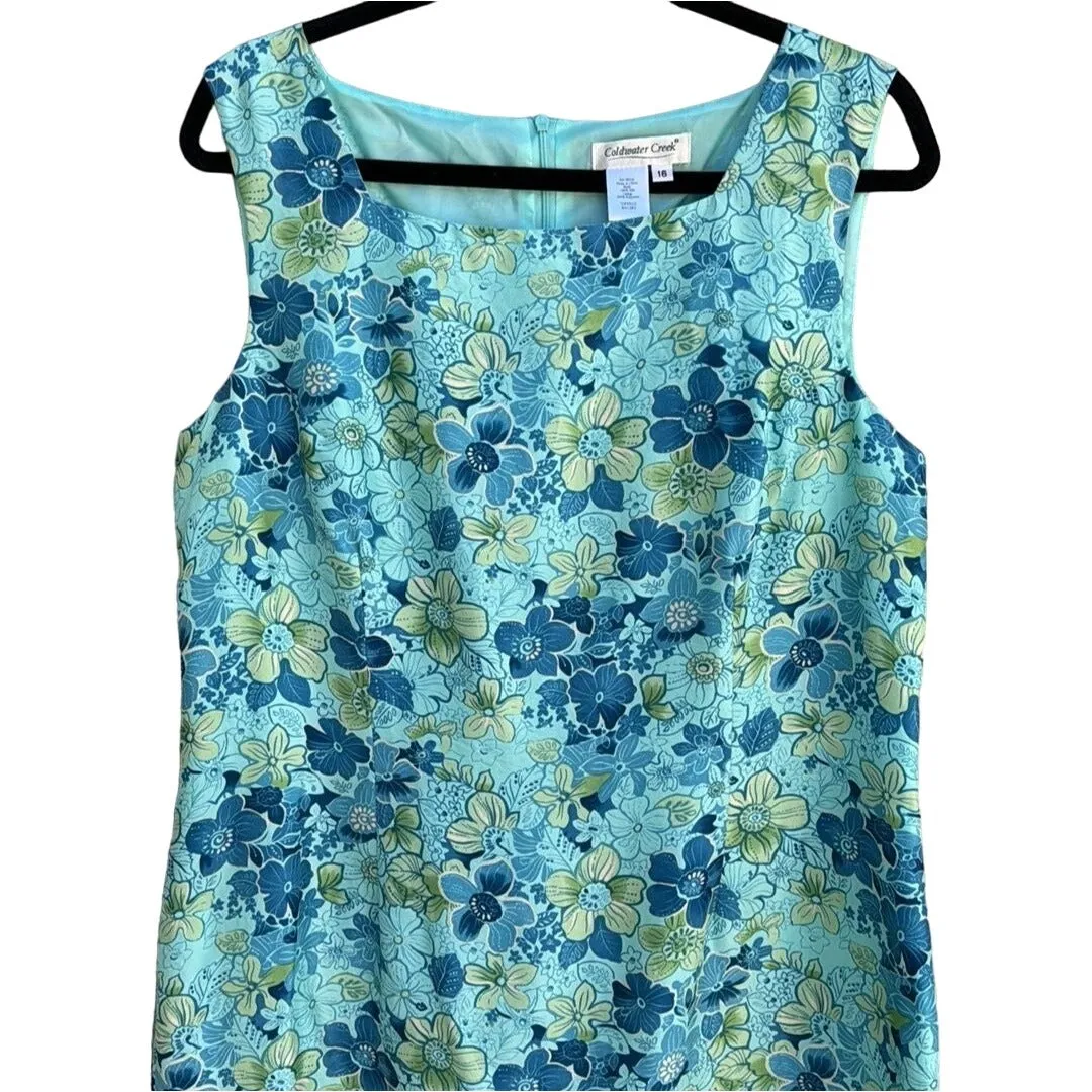 Coldwater Creek Women's Blue Green Sleeveless Silk Lightweight Floral Dress - 16