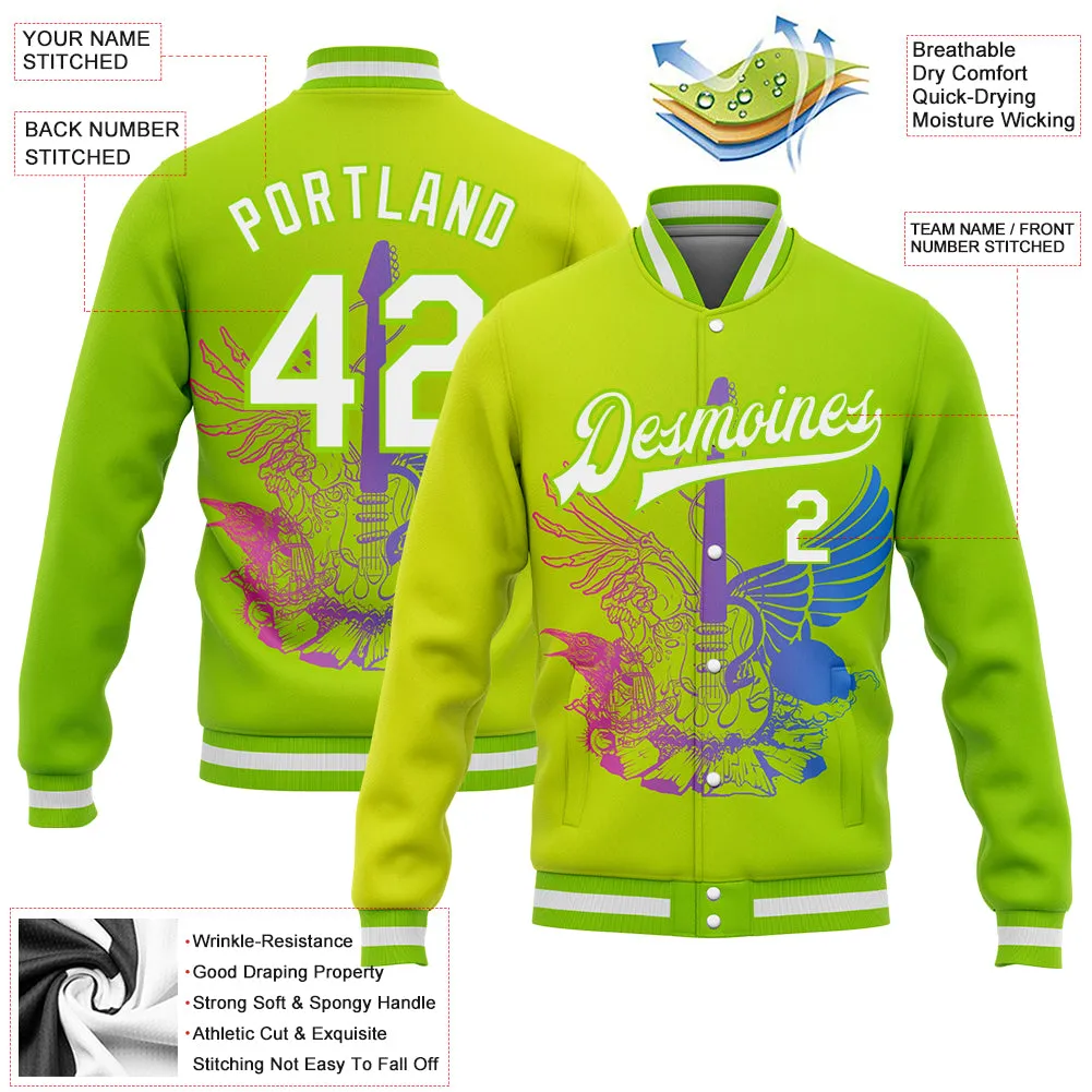 Custom Neon Green White-Neon Yellow Guitar Rock Roll Music Festival 3D Pattern Design Bomber Full-Snap Varsity Letterman Gradient Fashion Jacket