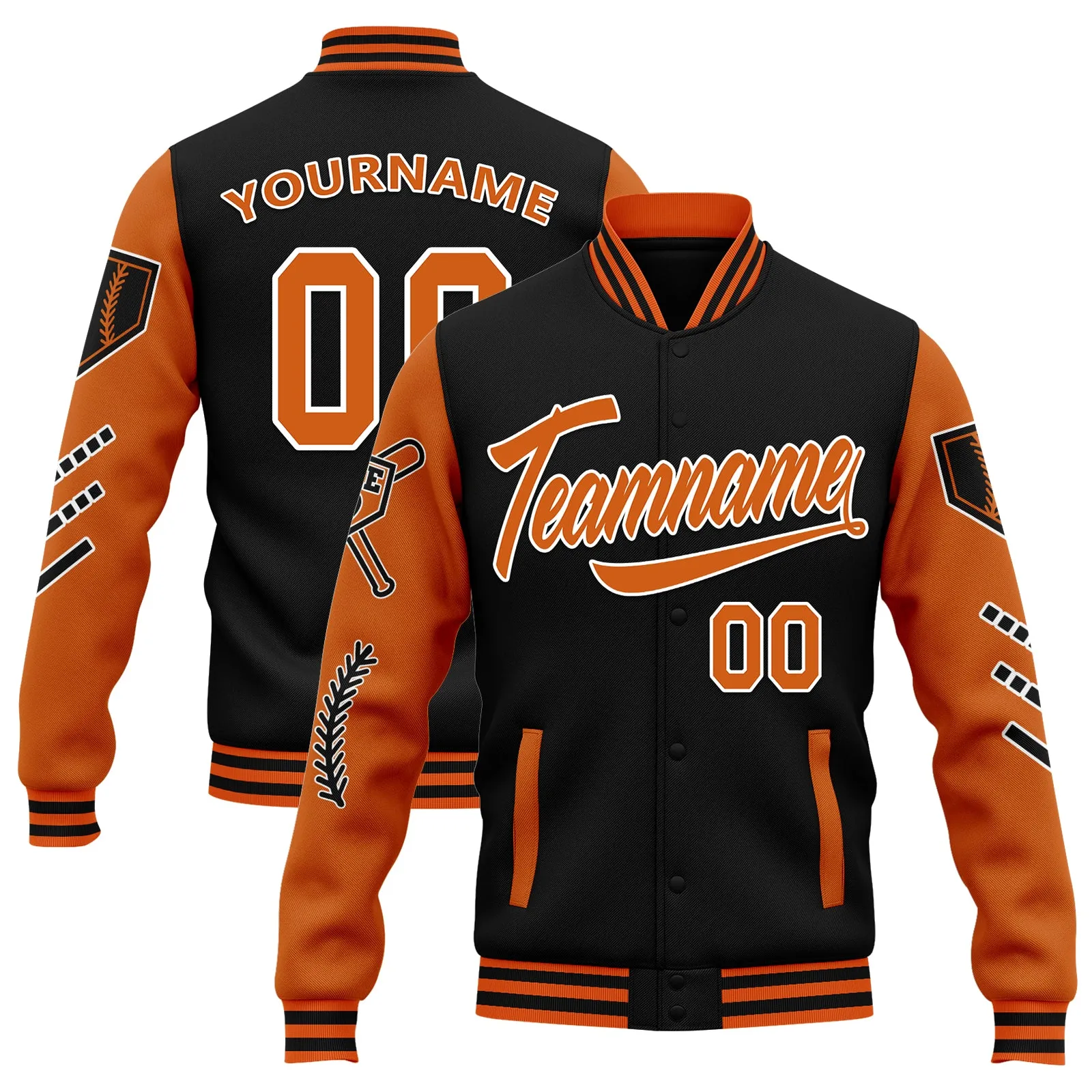 Custom Orange Black Raglan Sleeves Jacket Bomber Full-Snap Varsity Letterman Personalized Jacket FZ005-D023002-5