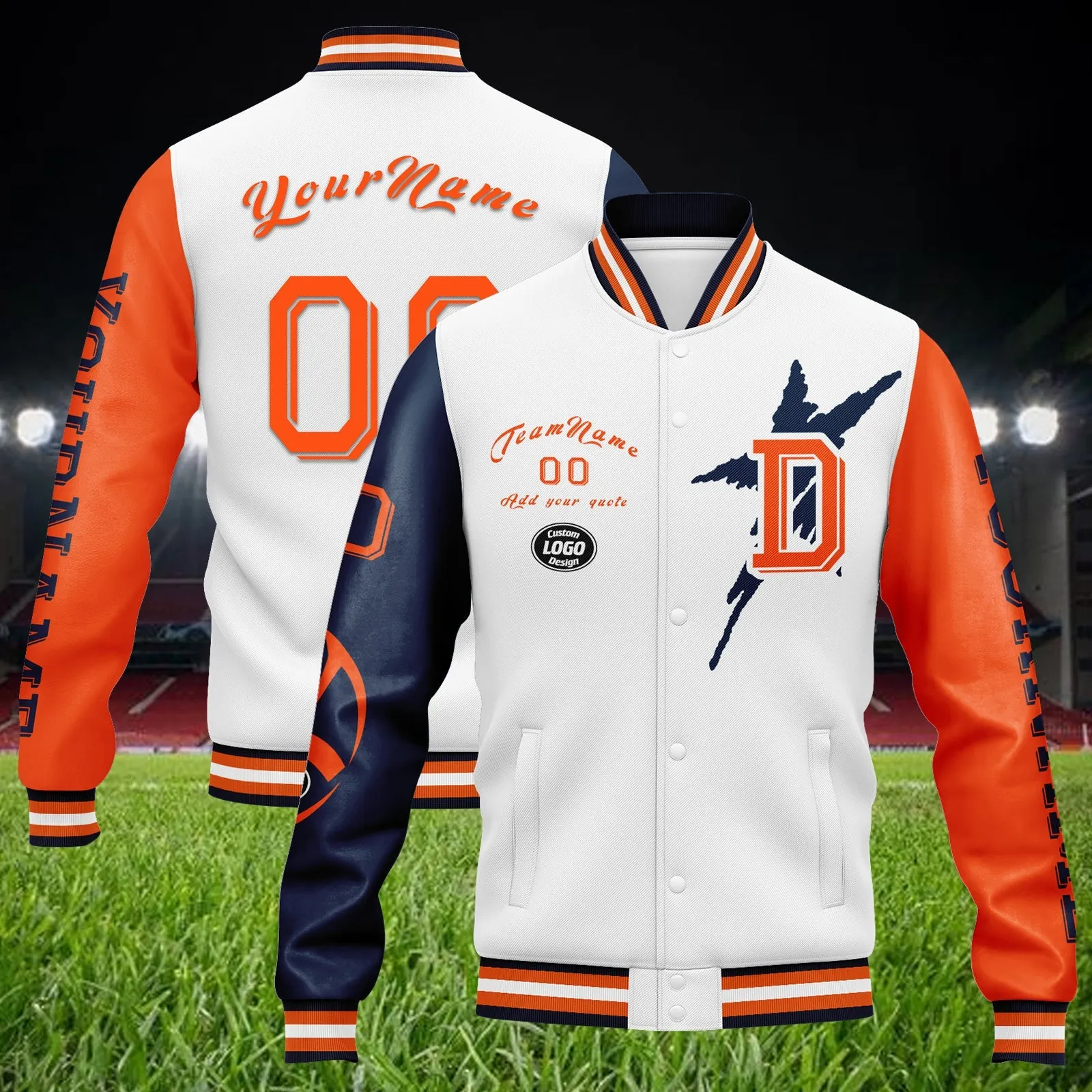 Custom White Denver Jacket Bomber Full-Snap Varsity Letterman Personalized Jacket FZ005SX-D020290-10