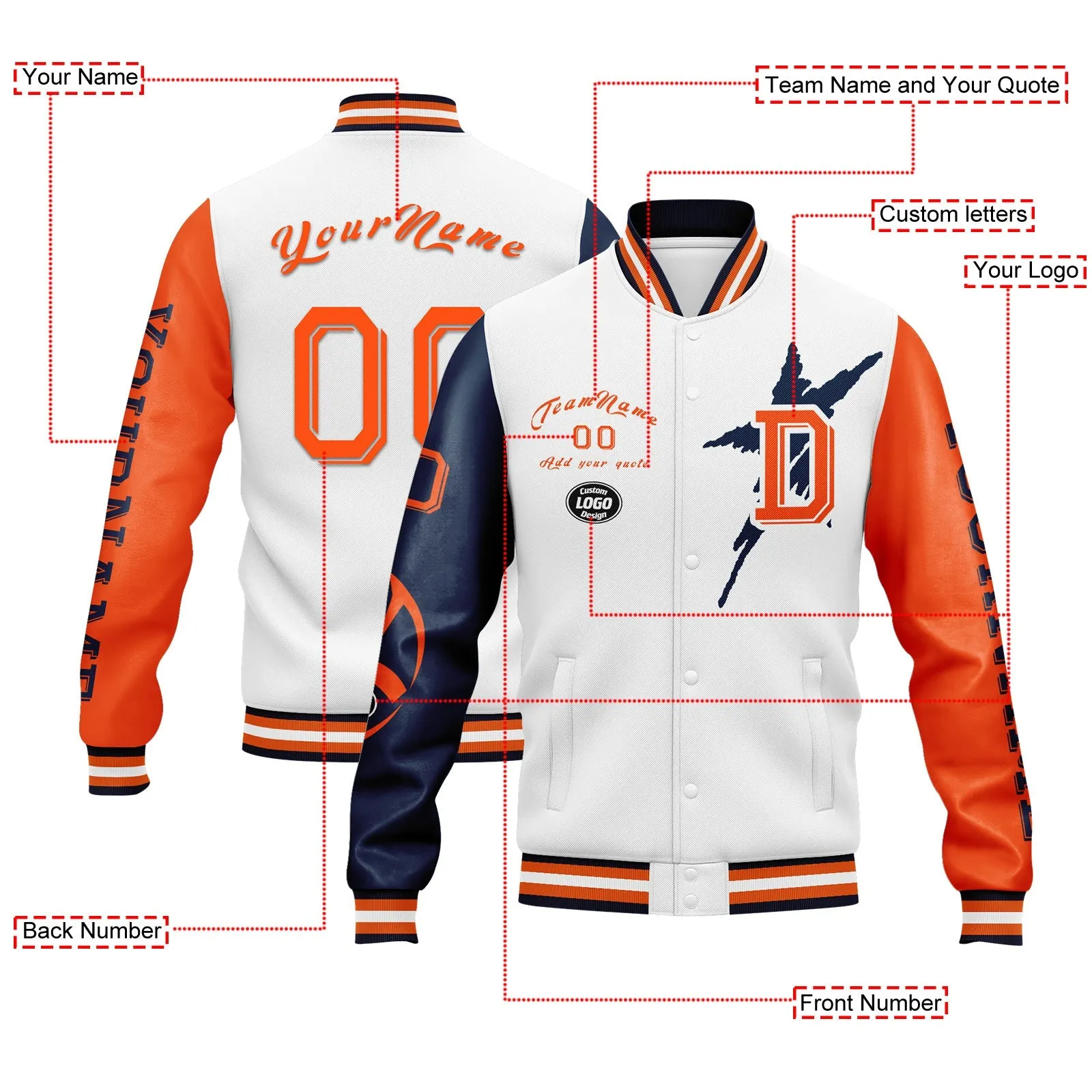 Custom White Denver Jacket Bomber Full-Snap Varsity Letterman Personalized Jacket FZ005SX-D020290-10