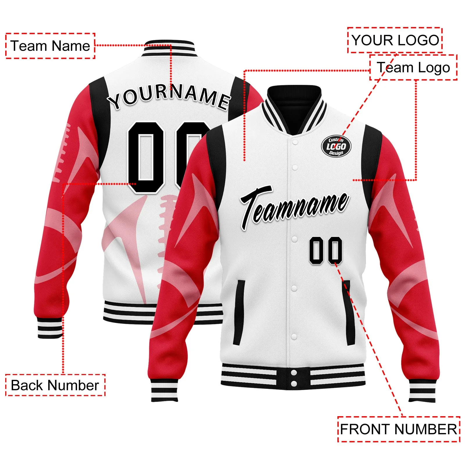 Custom White Red Kansas City Jacket Bomber Full-Snap Varsity Letterman Personalized Jacket FZ005-D025004-18