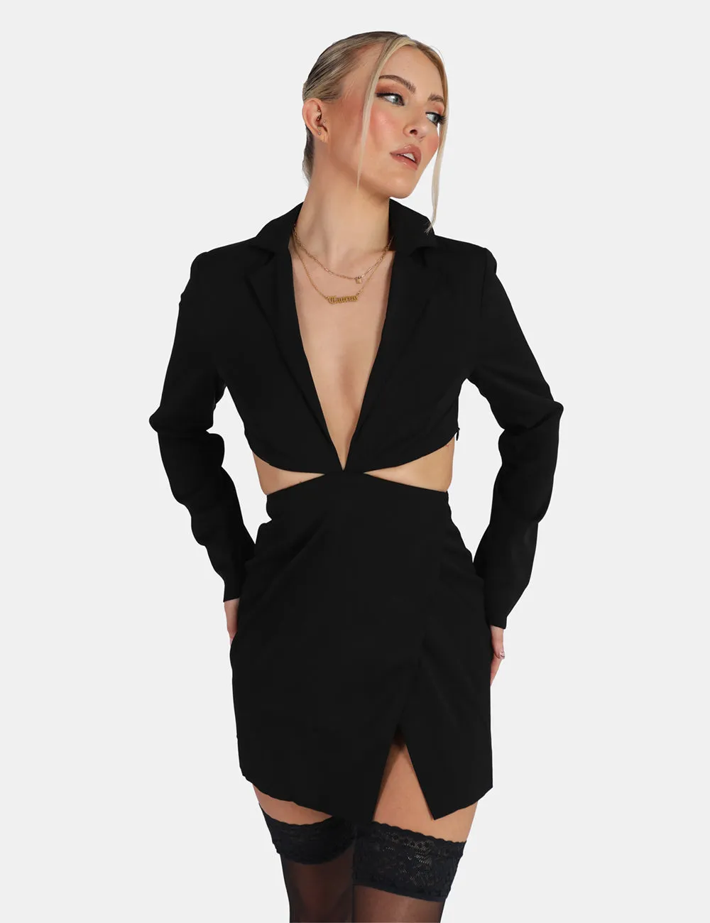 Cut Out Chain Waist Blazer Dress Black