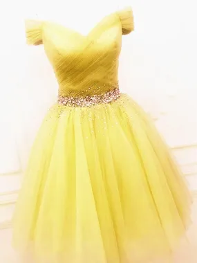 Cute Off Shoulder Sequins Yellow Short Prom, Off the Shoulder Yellow Homecoming, Yellow Formal Evening