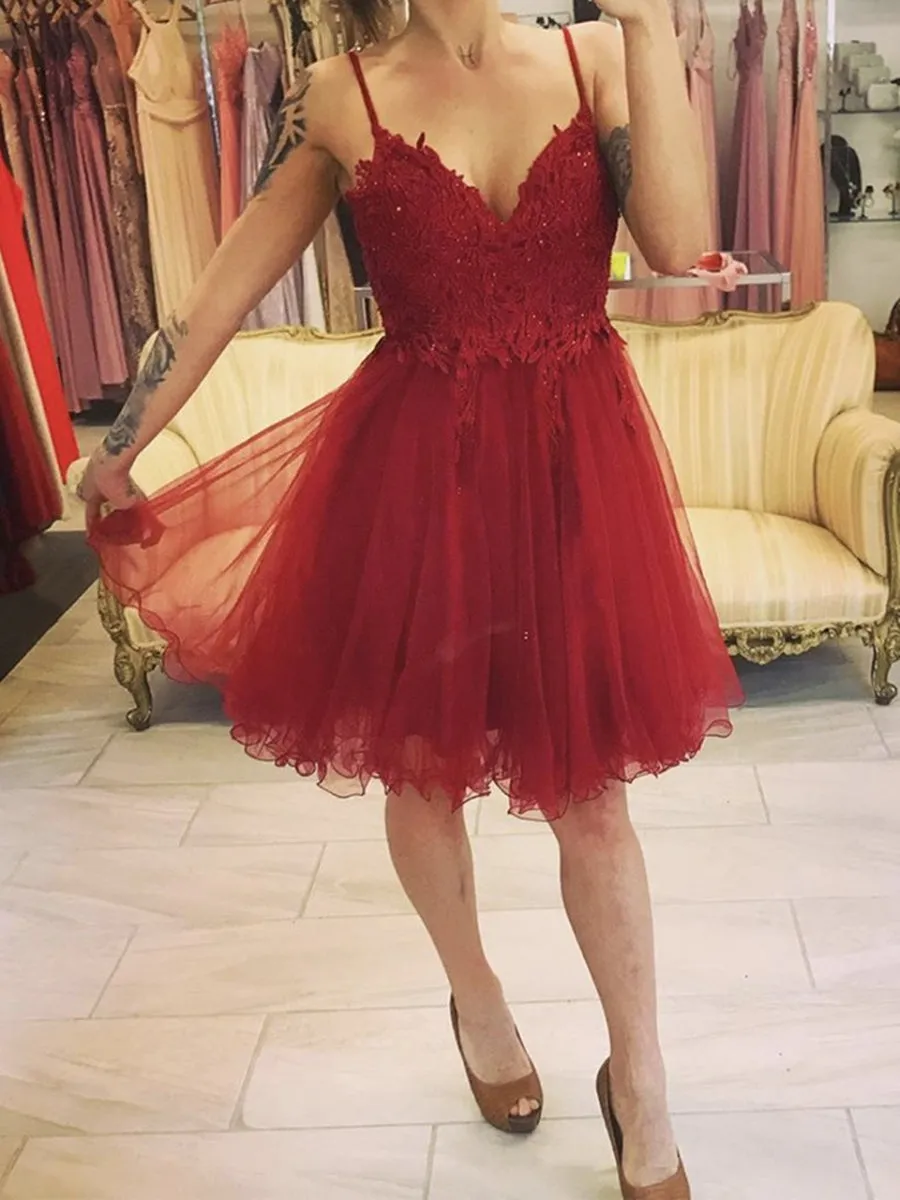 Cute V Neck Dart Red Lace Short Prom, Dark Red Lace Formal Graduation Homecoming