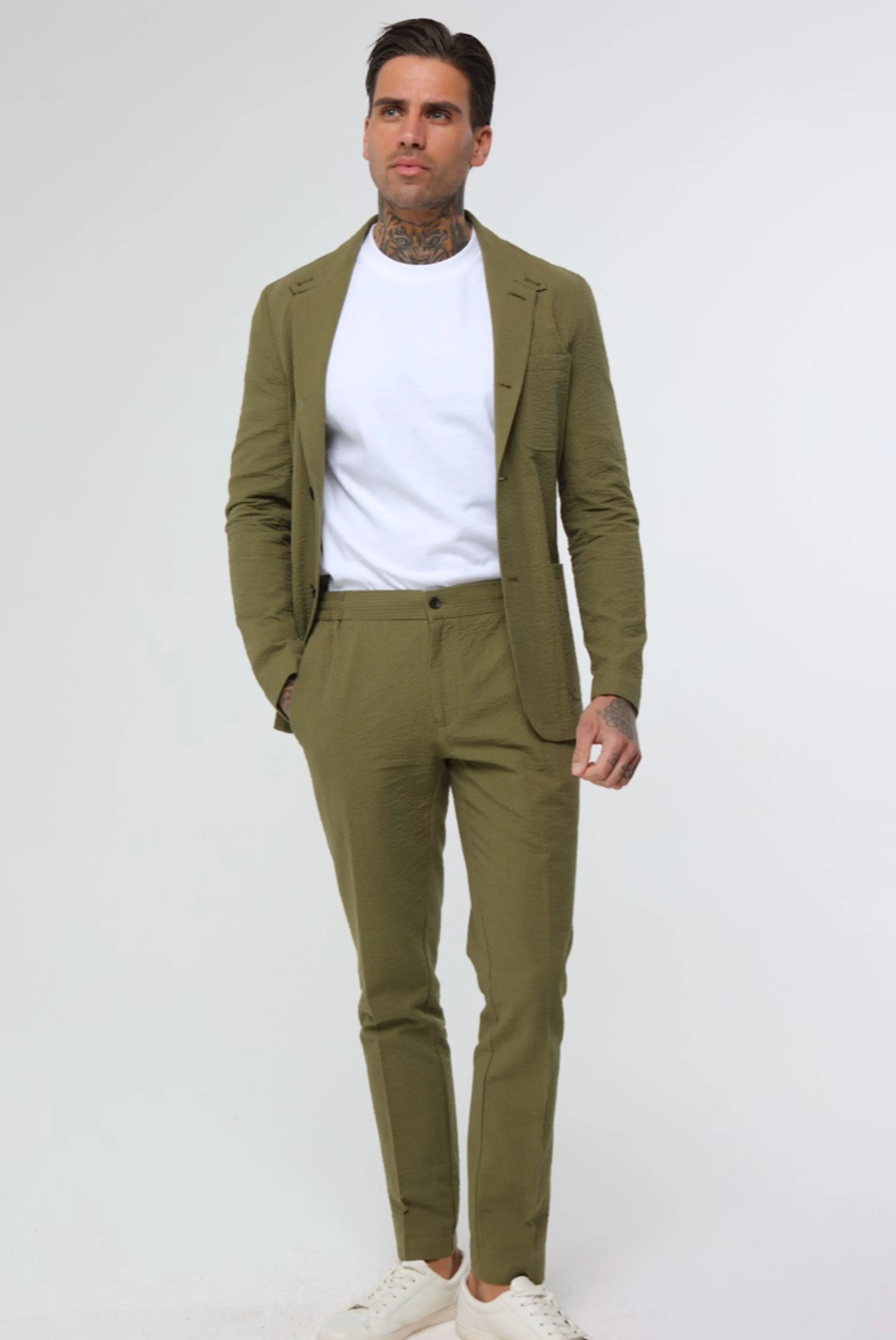 DEAKIN Cotton Linen Seersucker Trouser Green