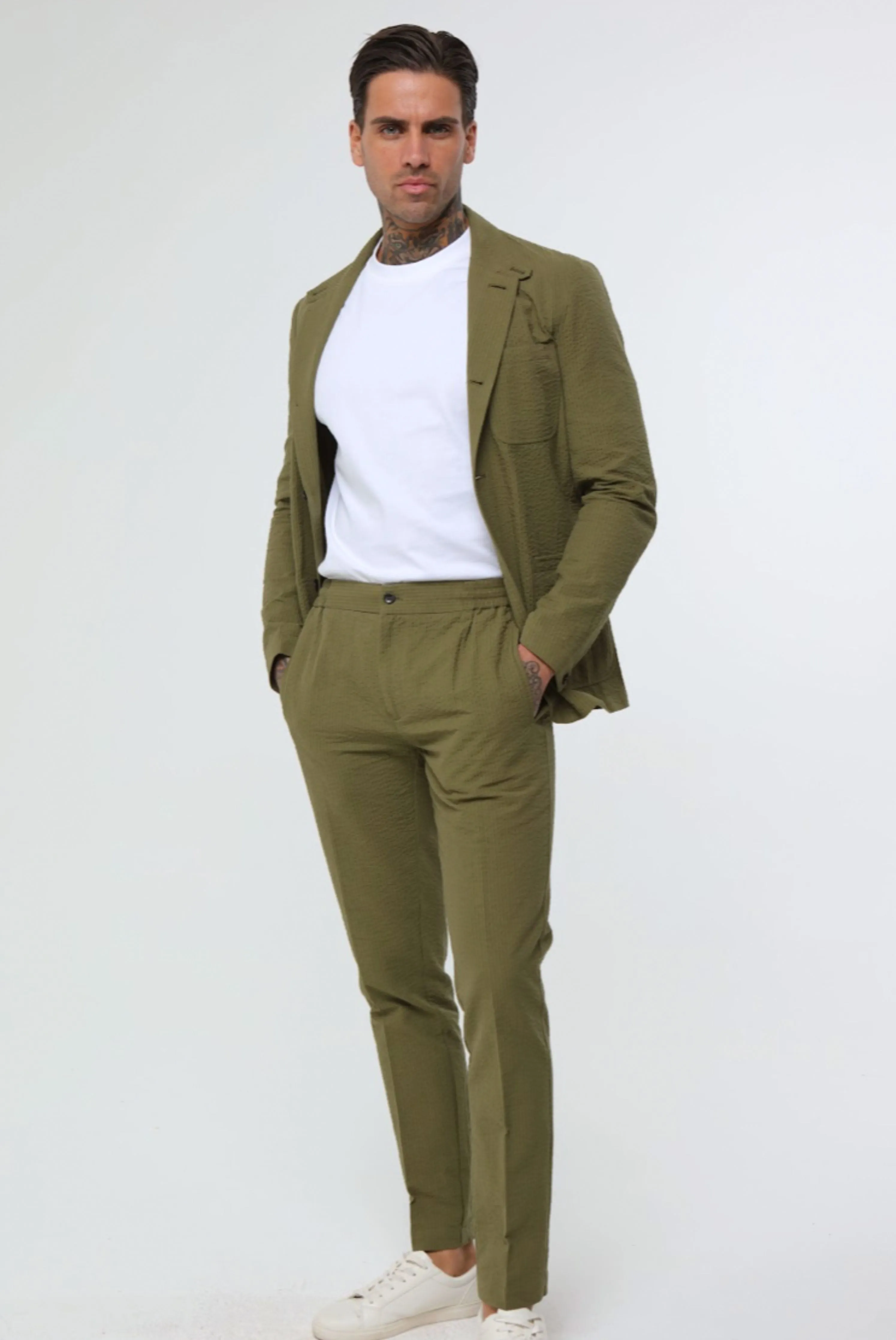 DEAKIN Cotton Linen Seersucker Trouser Green