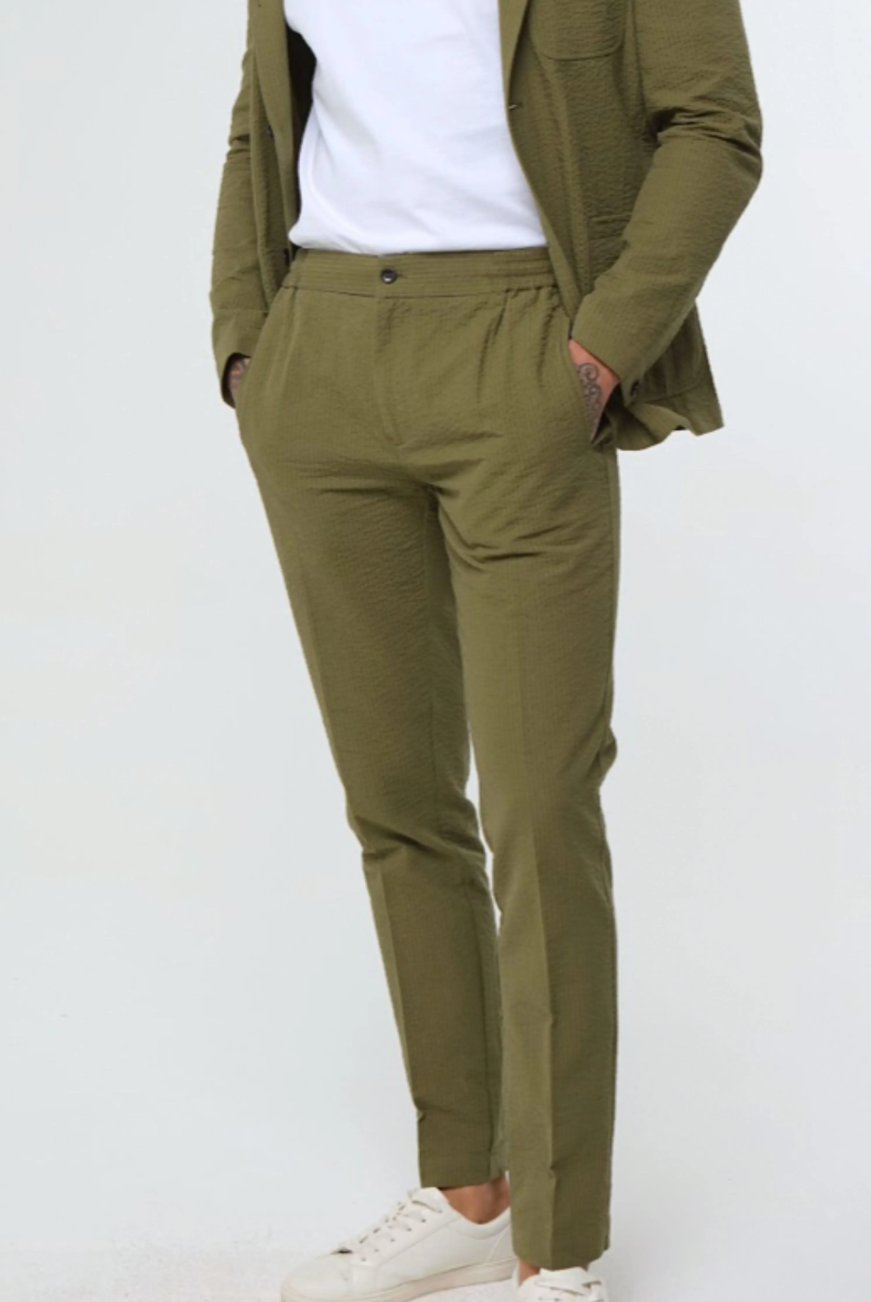 DEAKIN Cotton Linen Seersucker Trouser Green