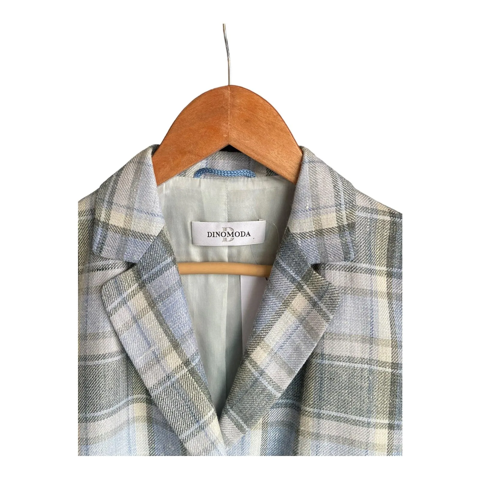 Dinomoda Silk & linen Blend Pale Blue Checked Long Sleeved Jacket UK Size 8