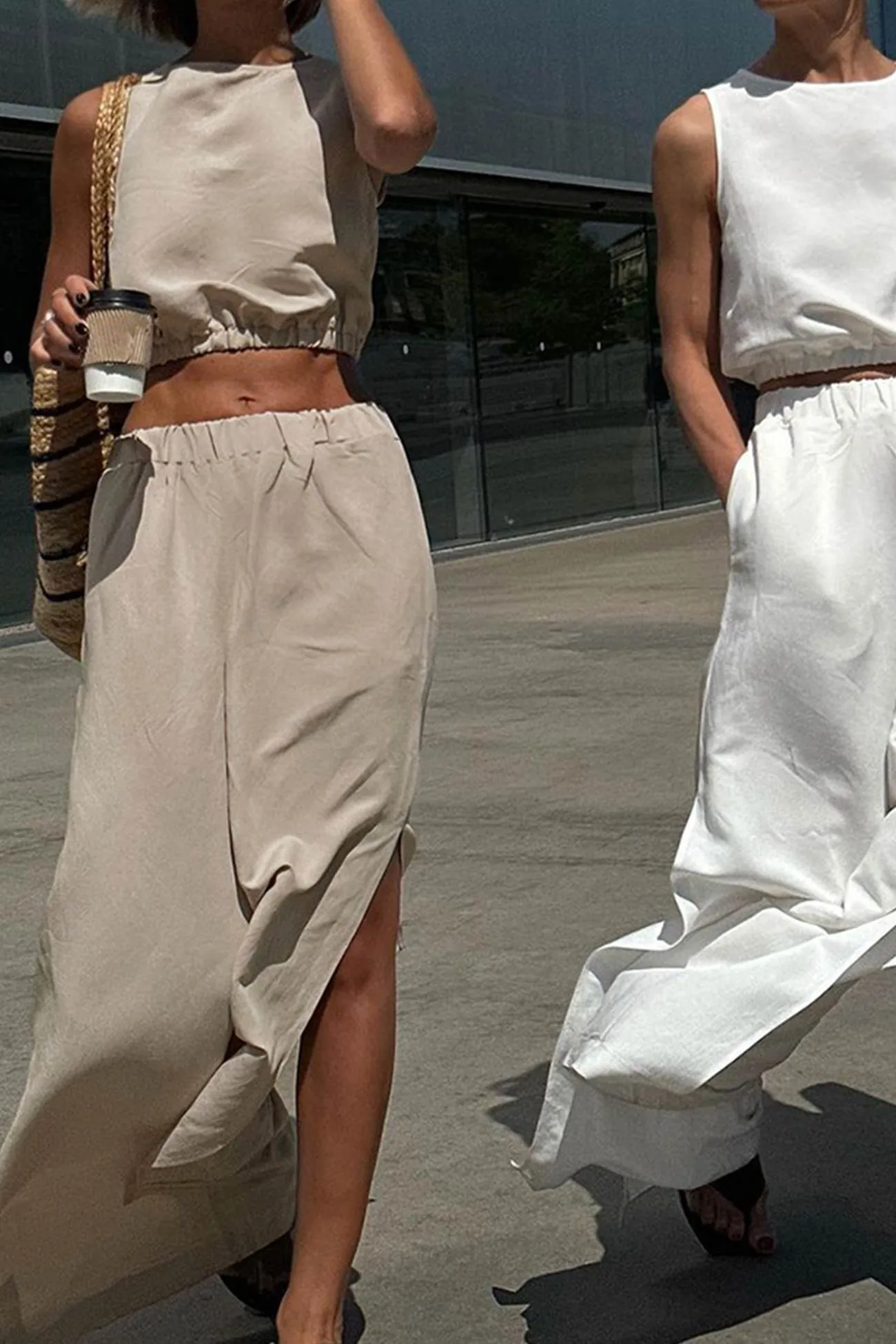 Elastic Waist Tank Top Slit Wide Leg Long Pants Suits