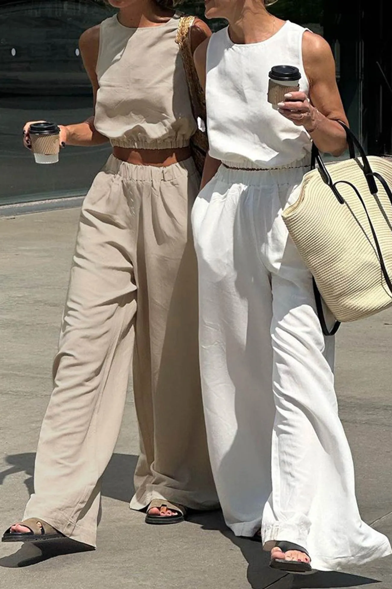 Elastic Waist Tank Top Slit Wide Leg Long Pants Suits