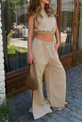 Elastic Waist Tank Top Slit Wide Leg Long Pants Suits