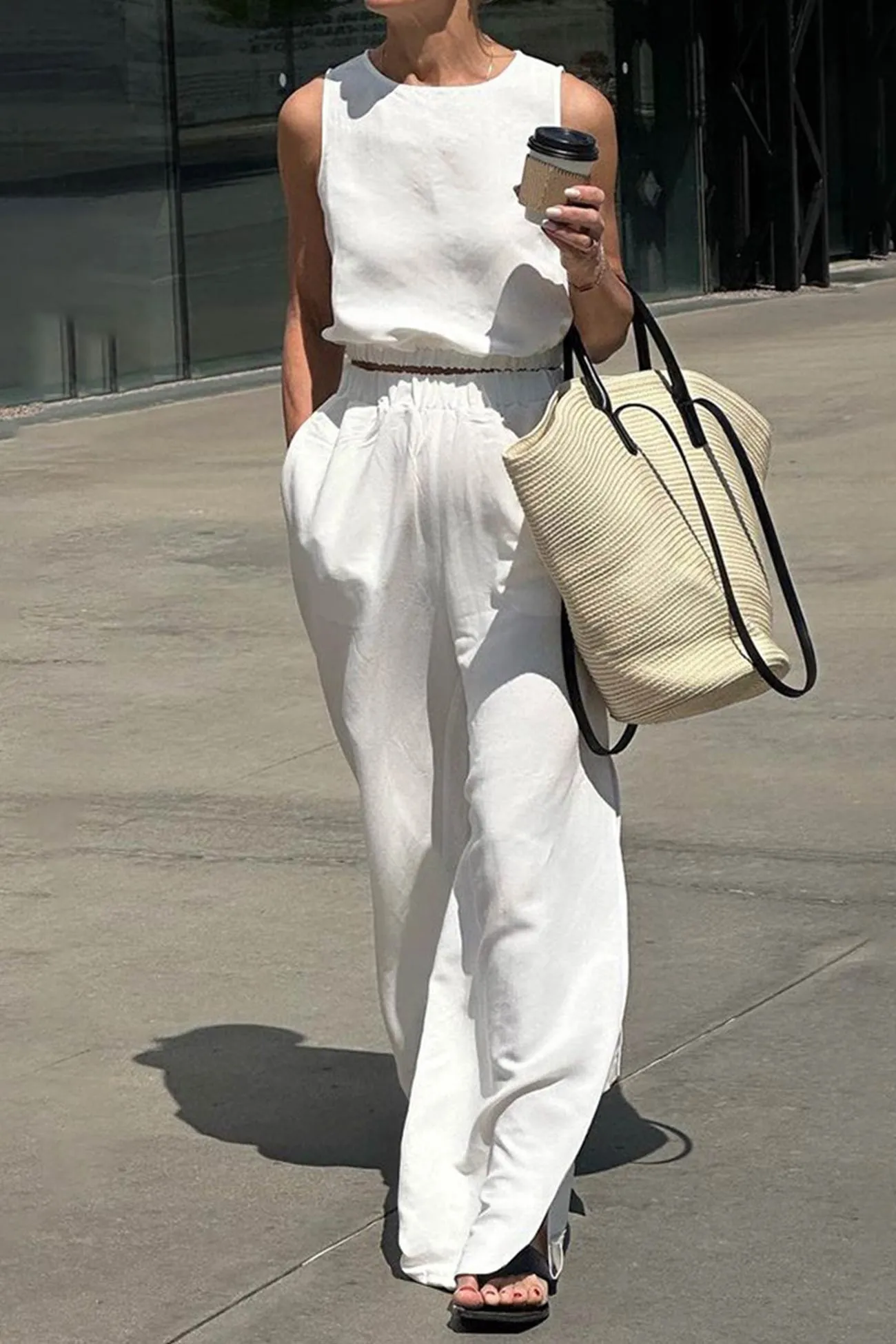 Elastic Waist Tank Top Slit Wide Leg Long Pants Suits