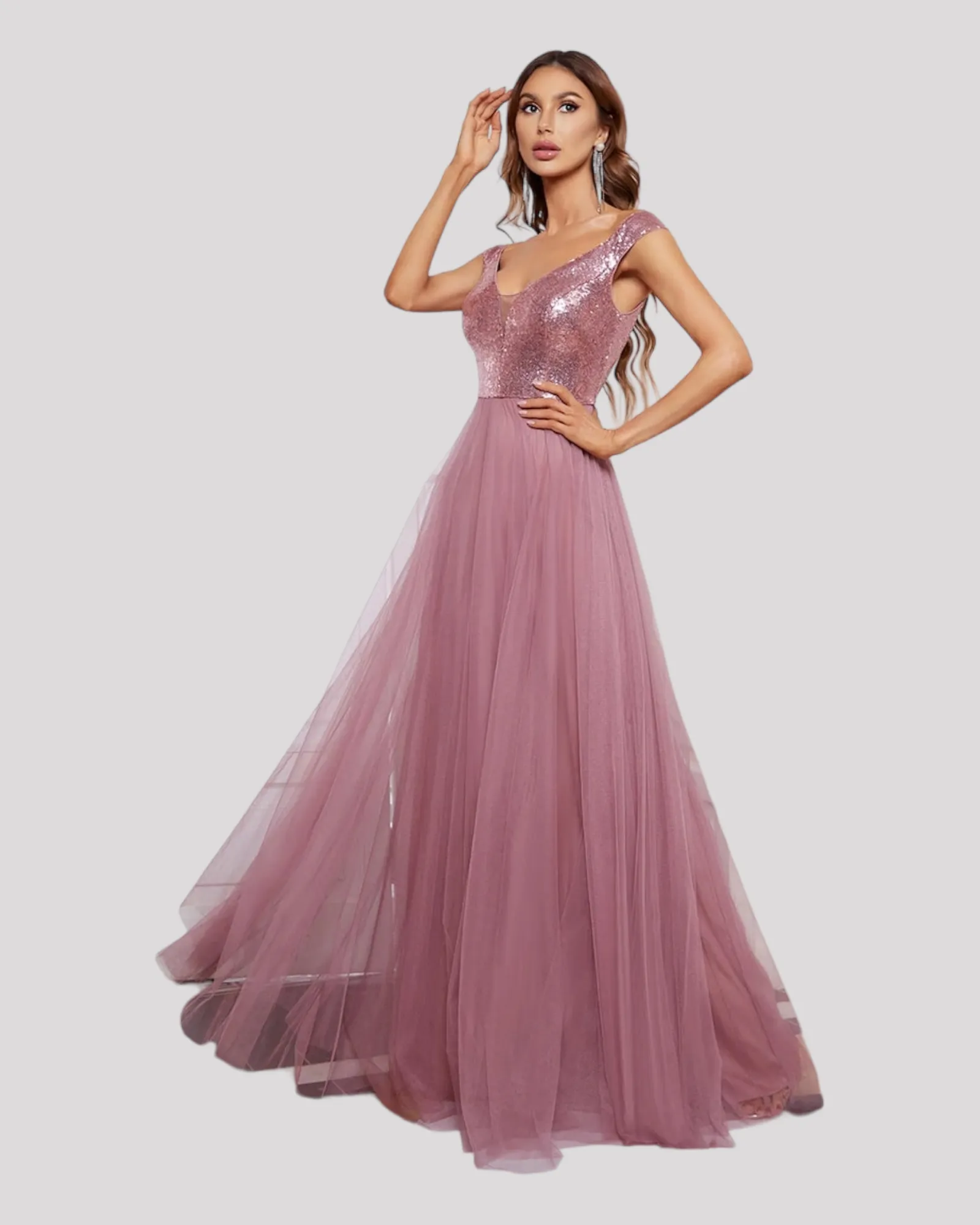 Elegant Sequin Bodice and Soft Tulle Evening Dress with V Neckline available in 7 Colours