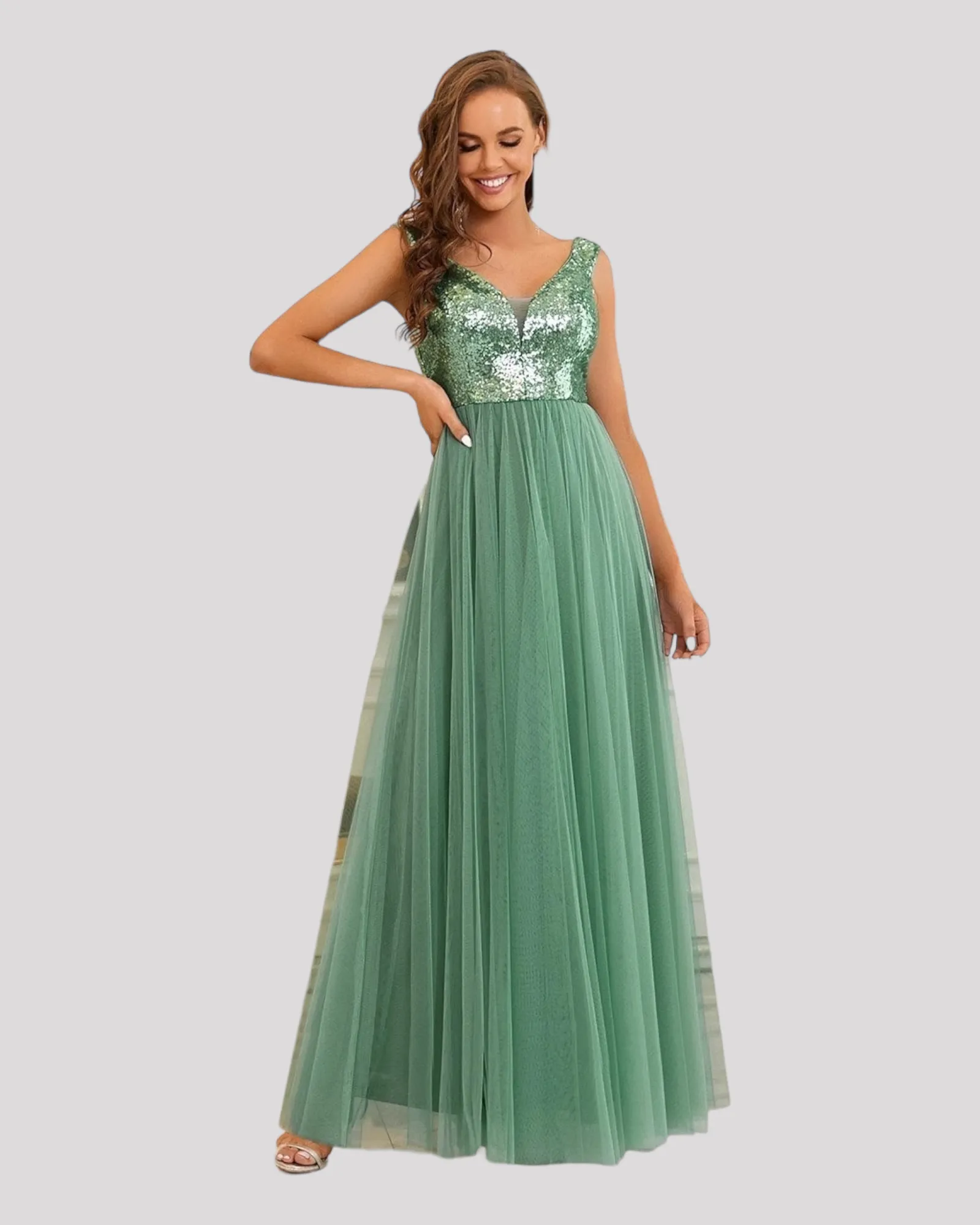 Elegant Sequin Bodice and Soft Tulle Evening Dress with V Neckline available in 7 Colours