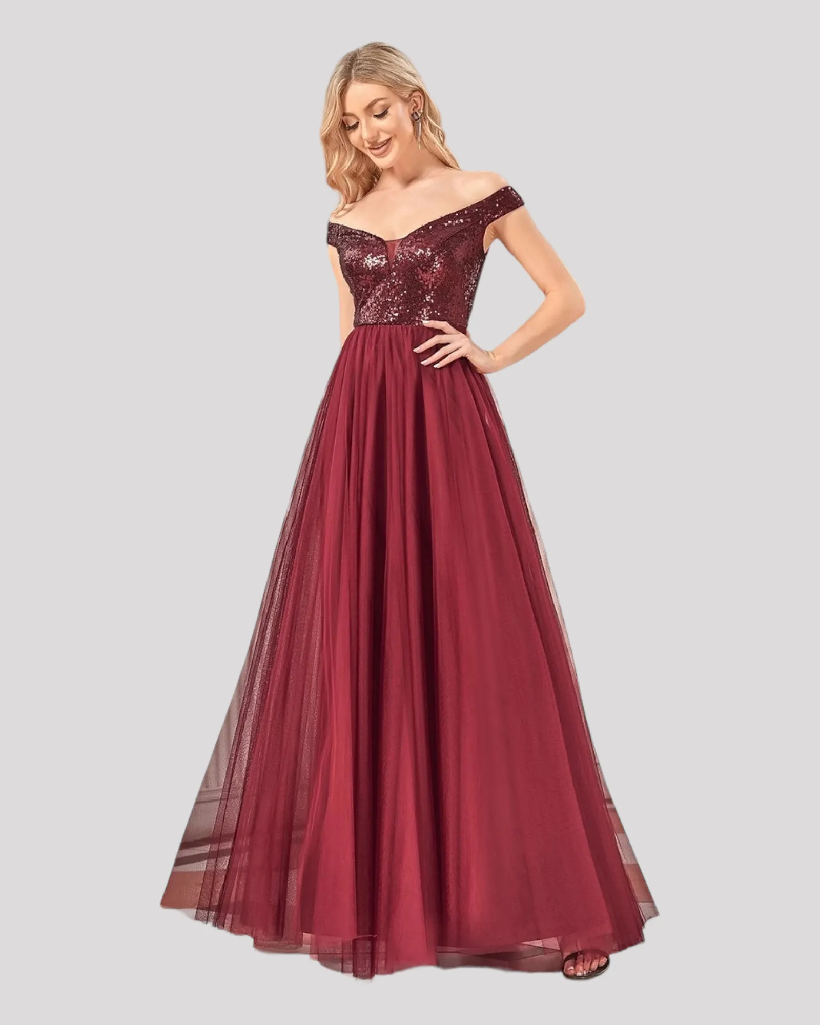 Elegant Sequin Bodice and Soft Tulle Evening Dress with V Neckline available in 7 Colours