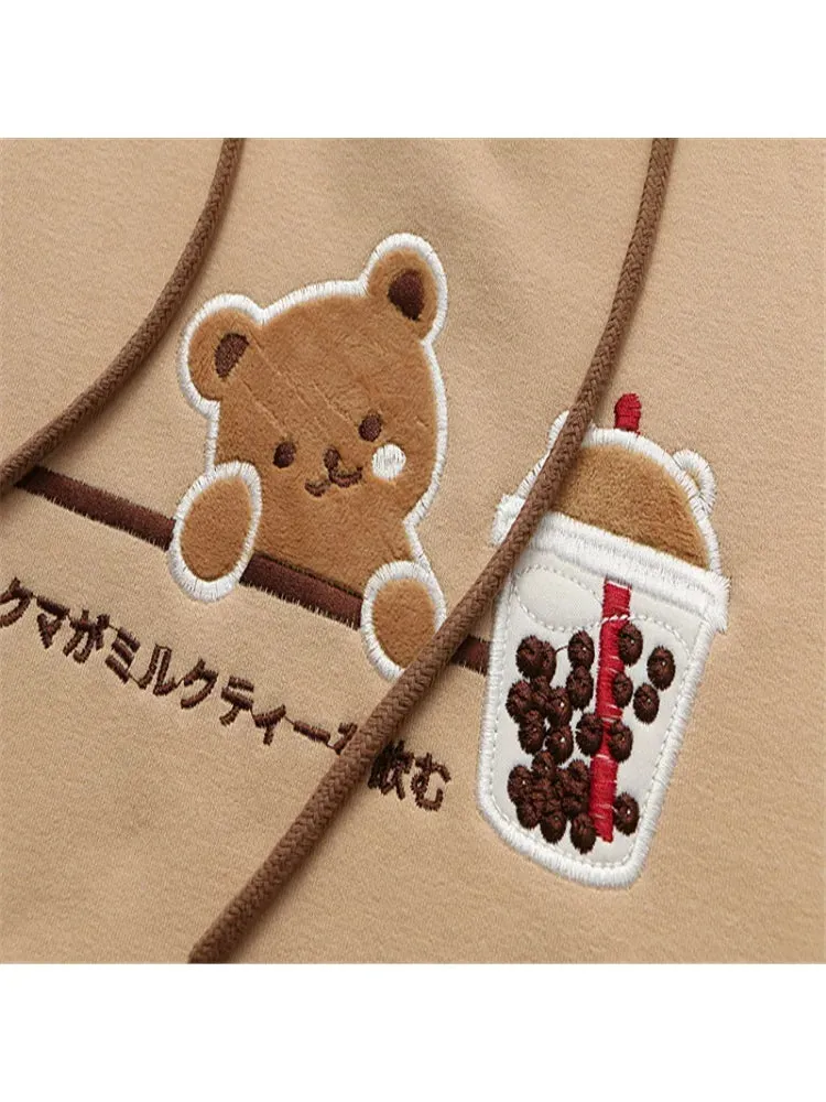 Fleece Harajuku Cartoon Bear Embroidery Casual Hoodies Sweatshirt Women Winter Long Sleeve Patchwork Korean Style Pullover