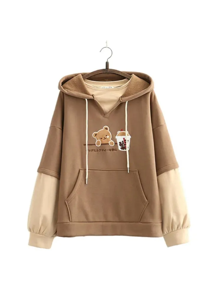 Fleece Harajuku Cartoon Bear Embroidery Casual Hoodies Sweatshirt Women Winter Long Sleeve Patchwork Korean Style Pullover