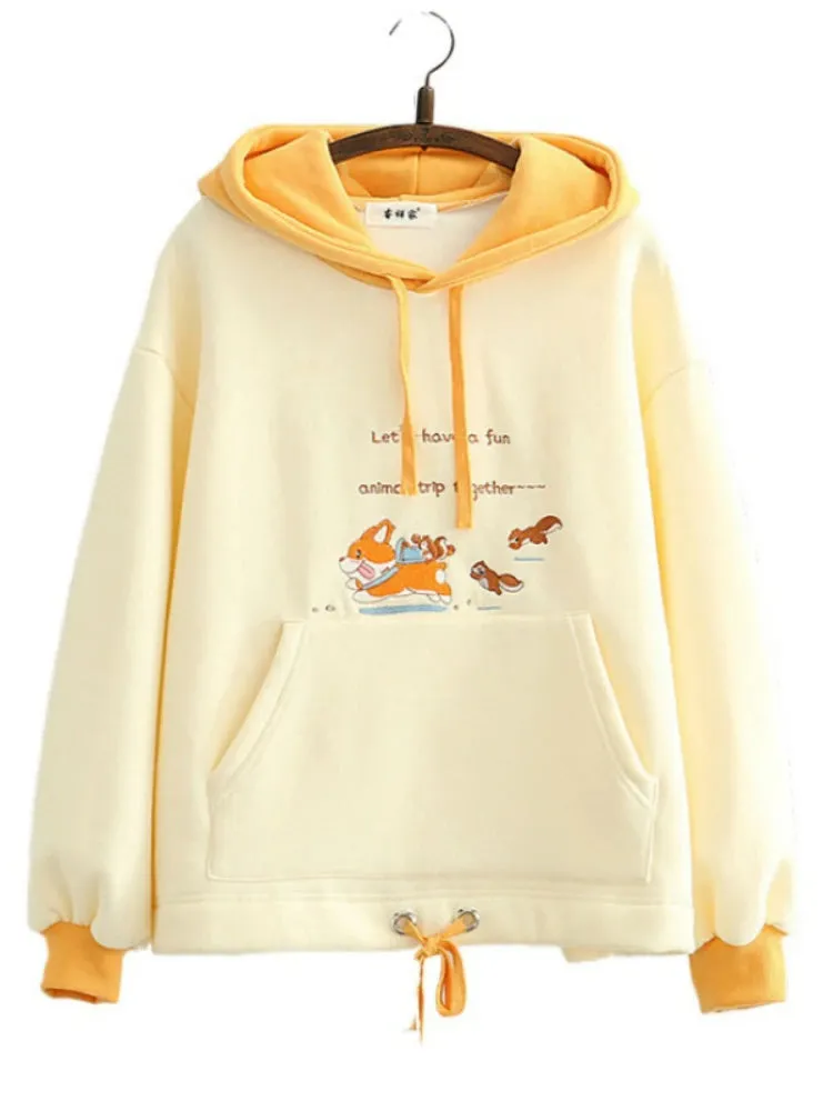 Fleece Hooded Sweatshirt Winter Cartoon Dog Embroidery Hoodies Women Casual Long Sleeve Pullover Loose Tracksuit Female