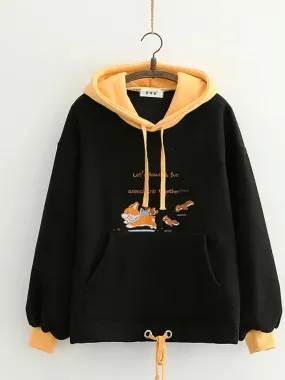 Fleece Hooded Sweatshirt Winter Cartoon Dog Embroidery Hoodies Women Casual Long Sleeve Pullover Loose Tracksuit Female