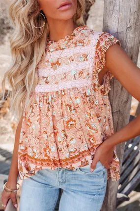 Floral Print Ruffled Crew Neck Sleeveless Top