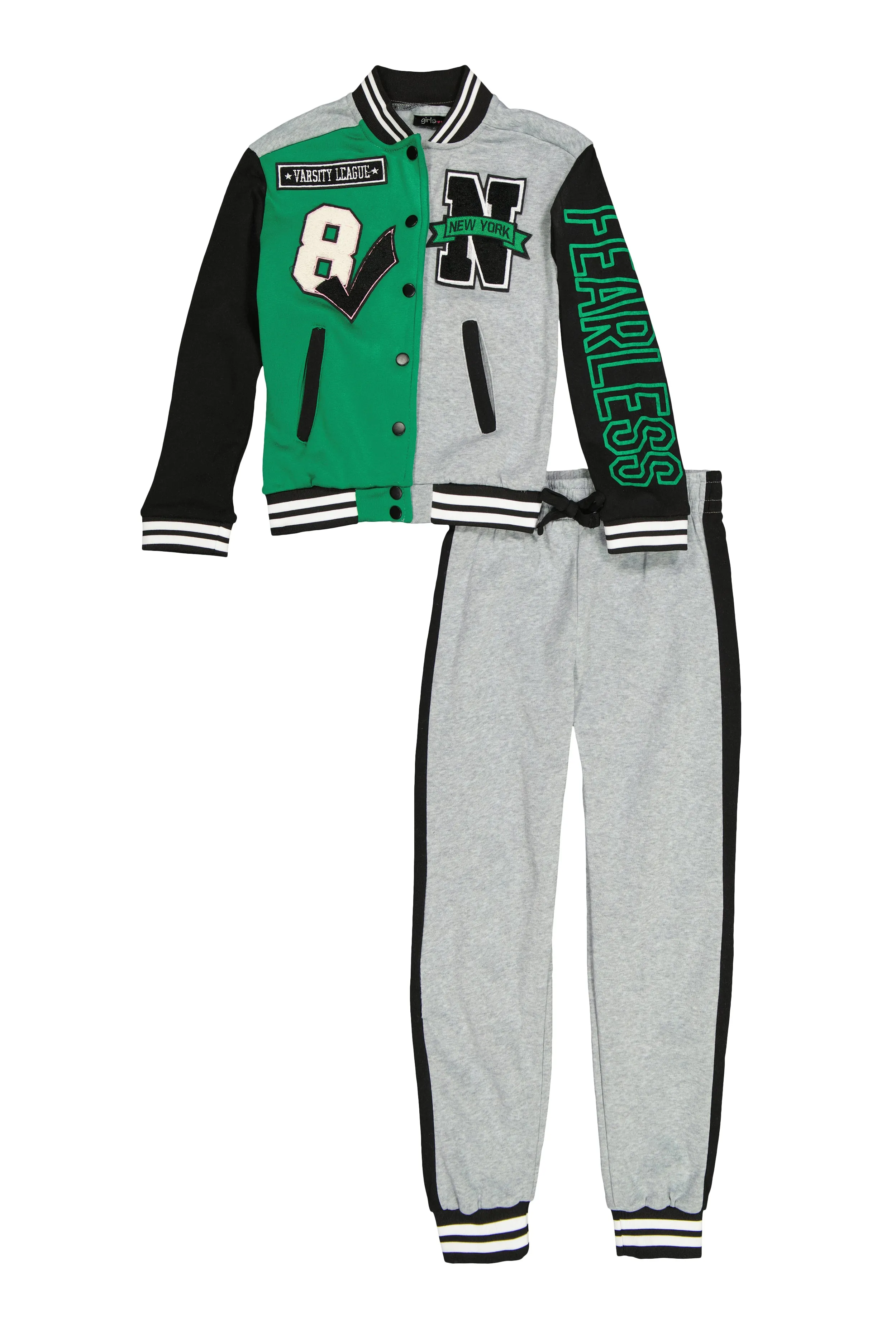 Girls Chenille Patch Varsity Jacket and Joggers