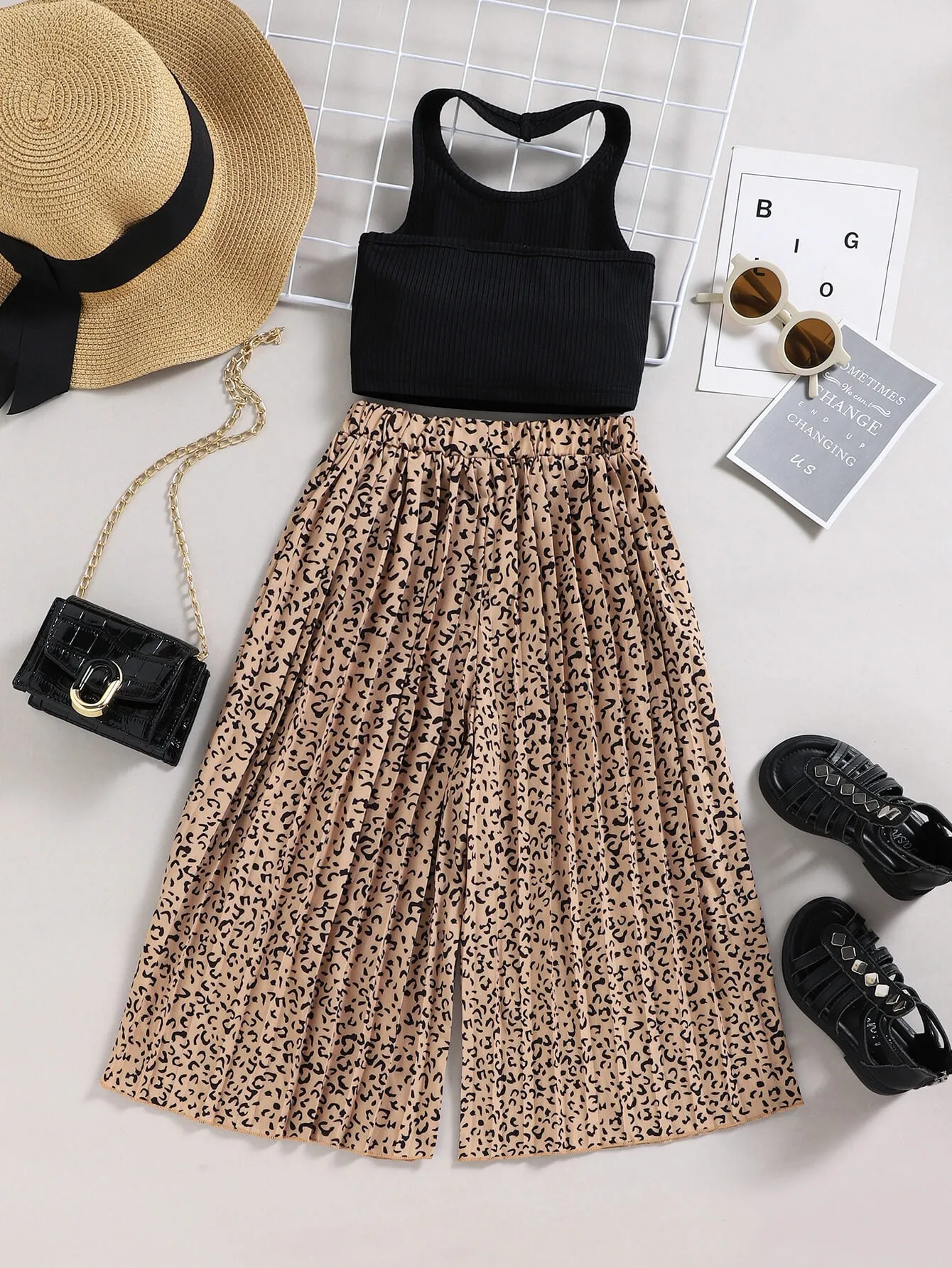 Girls Ribbed Halter Neck Tank and Leopard Pleated Wide Leg Pants Set