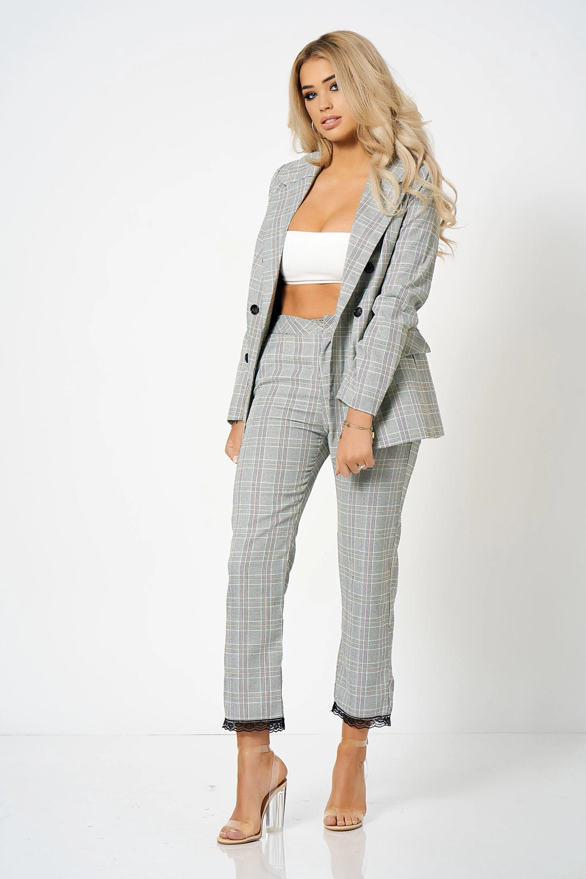 Grey Checked Lace Detail Tailored Co-Ord Trousers