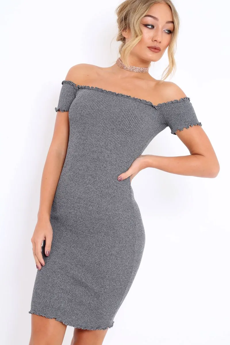 Grey Ribbed Frill Hem Bardot Bodycon Dress - Kamille