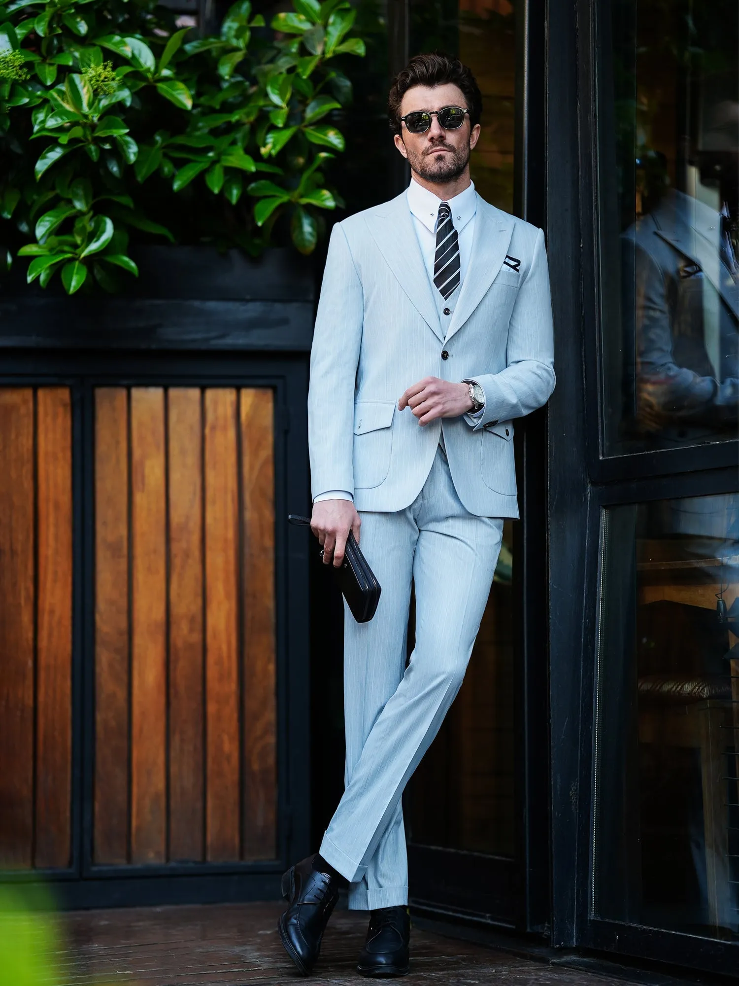 Grey Striped Slim-Fit Suit 3-Piece