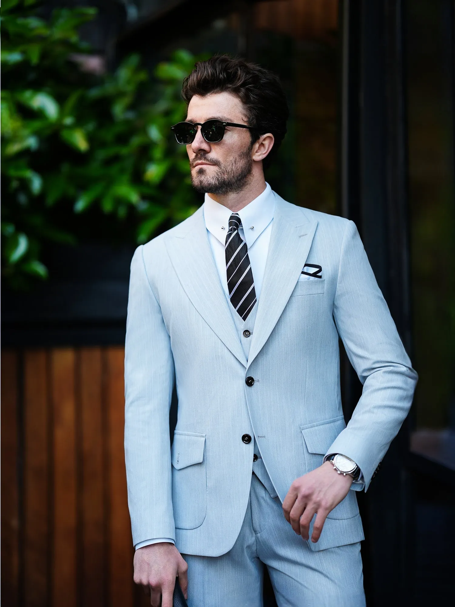 Grey Striped Slim-Fit Suit 3-Piece