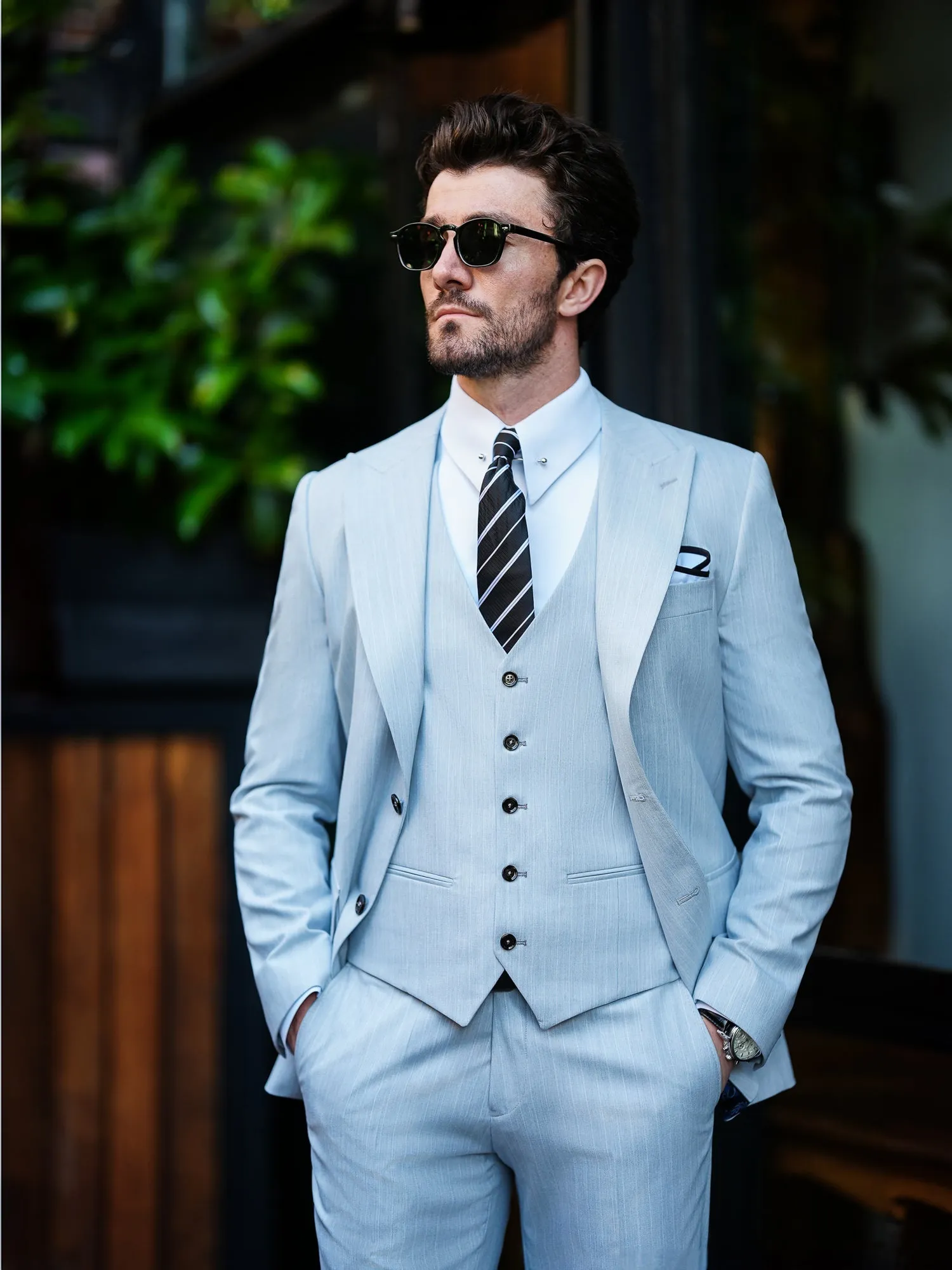 Grey Striped Slim-Fit Suit 3-Piece