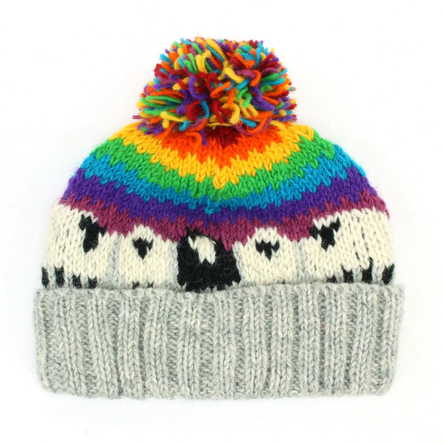 Hand Knitted Wool Beanie Bobble Hat - Sheep - Light Grey Rainbow Stripe