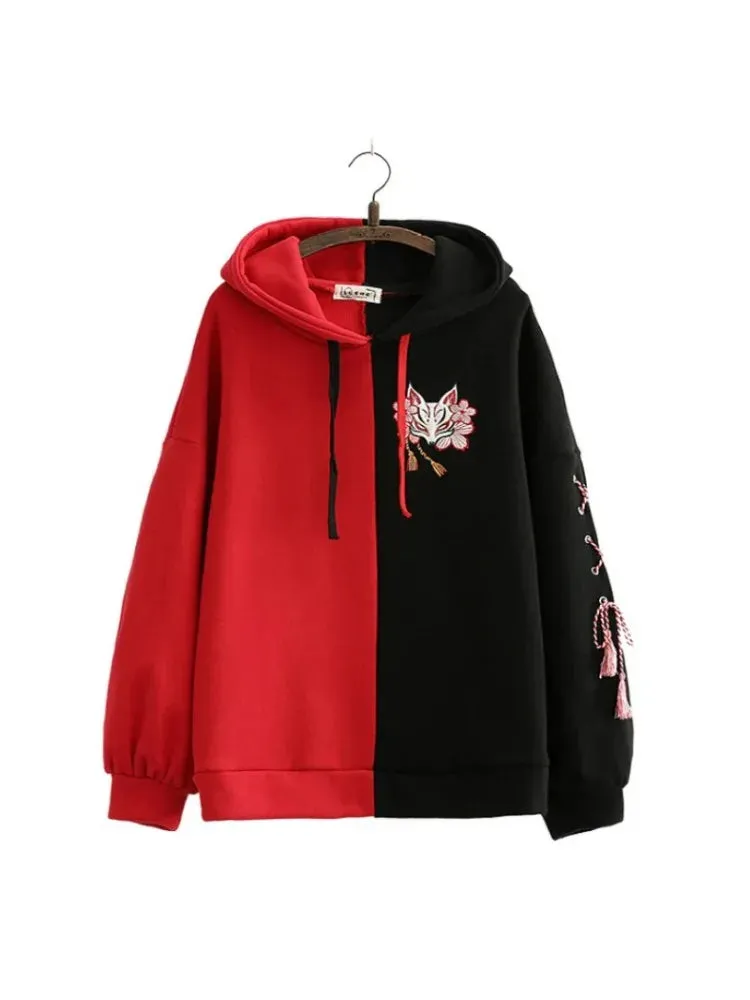 Harajuku Contrast Cartoon Embroidery Casual Fleece Pullover Hoodies Sweatshirt Women Winter Long Sleeve Korean Female Top