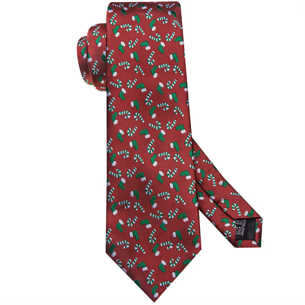 Hi-Tie $19.99 Red Christmas Gloves Cane Tie Pocket Square Cufflinks Set