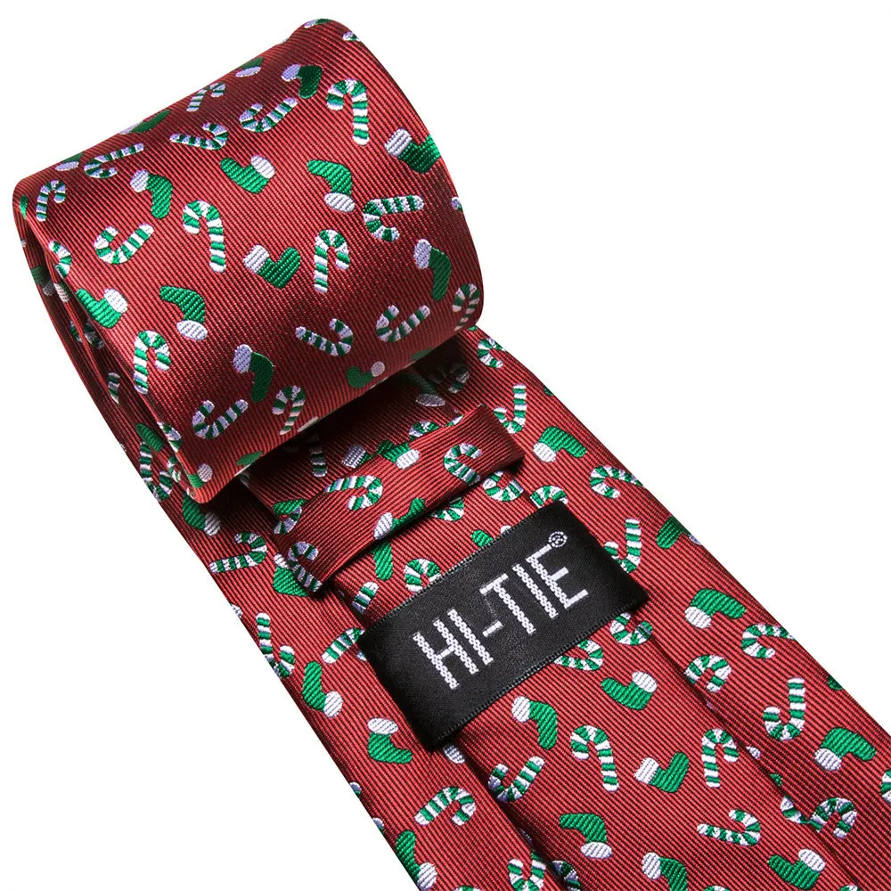 Hi-Tie $19.99 Red Christmas Gloves Cane Tie Pocket Square Cufflinks Set