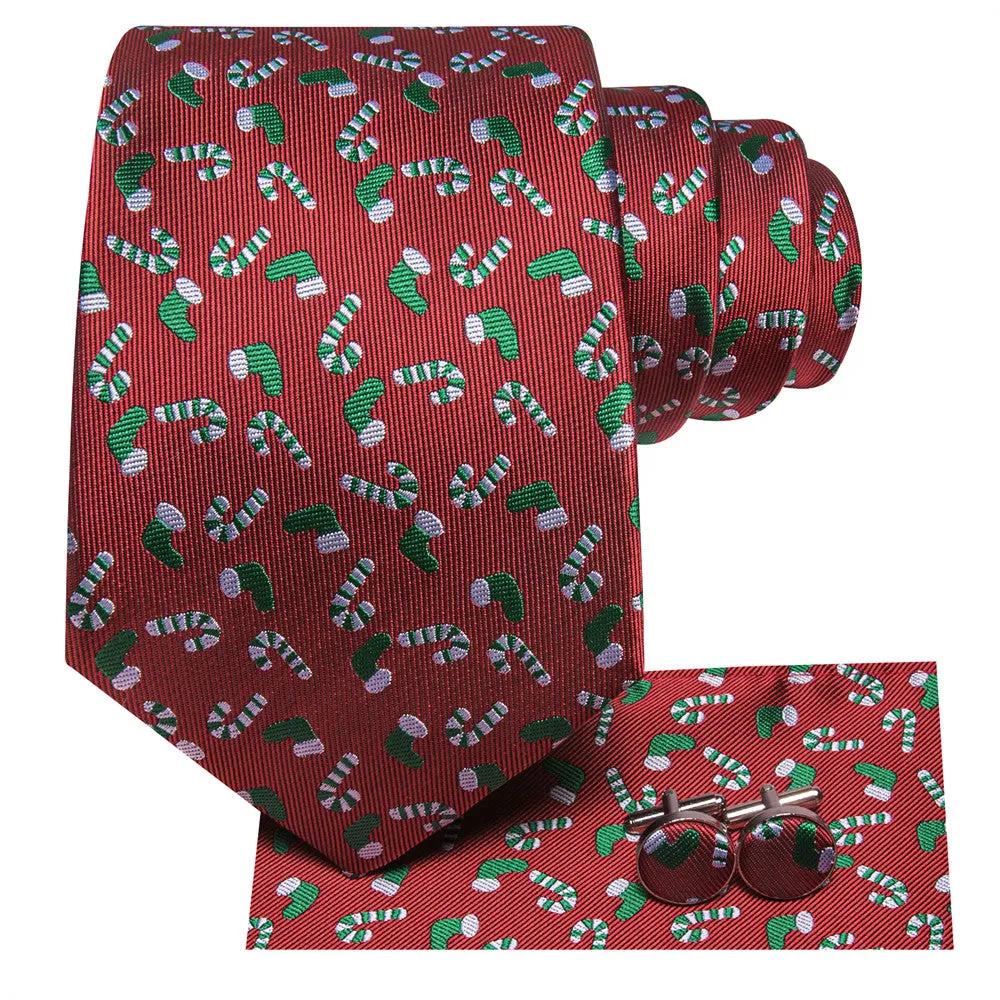 Hi-Tie $19.99 Red Christmas Gloves Cane Tie Pocket Square Cufflinks Set