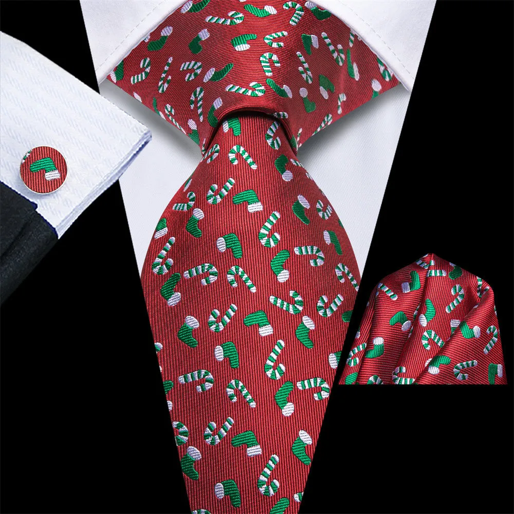 Hi-Tie $19.99 Red Christmas Gloves Cane Tie Pocket Square Cufflinks Set