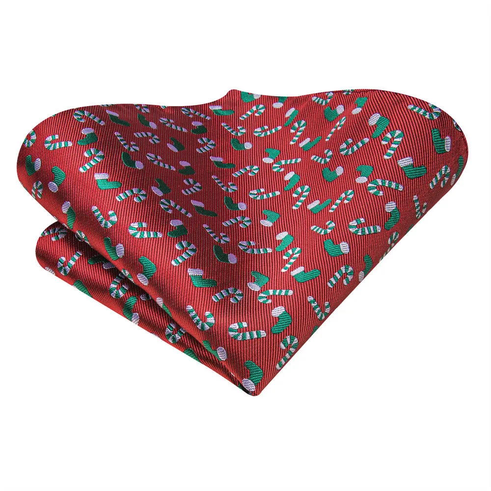 Hi-Tie $19.99 Red Christmas Gloves Cane Tie Pocket Square Cufflinks Set