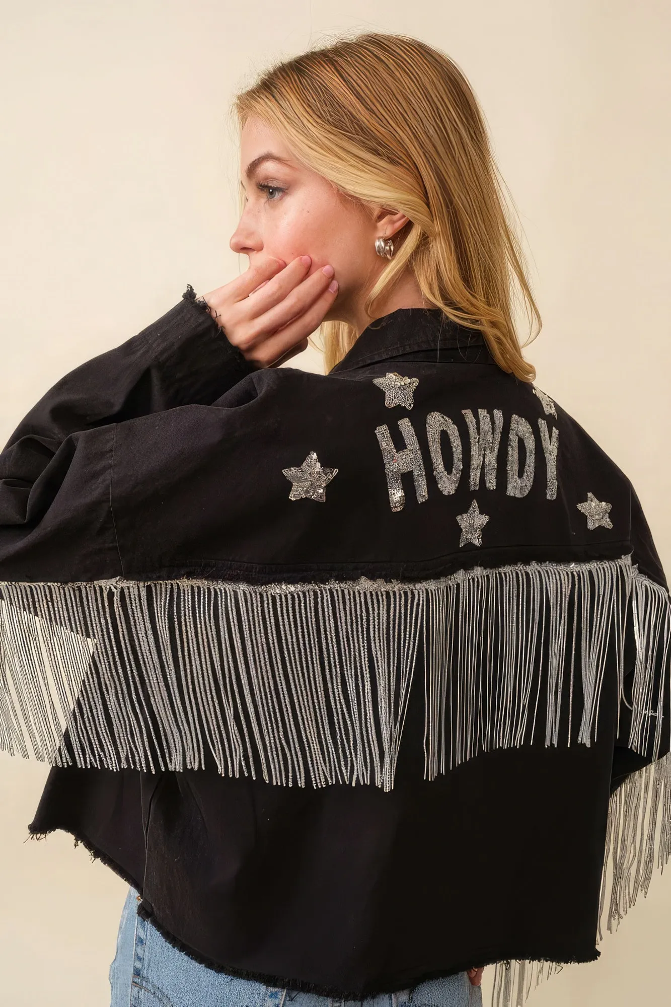 Howdy Sequin Fringe And Star Patches Jacket