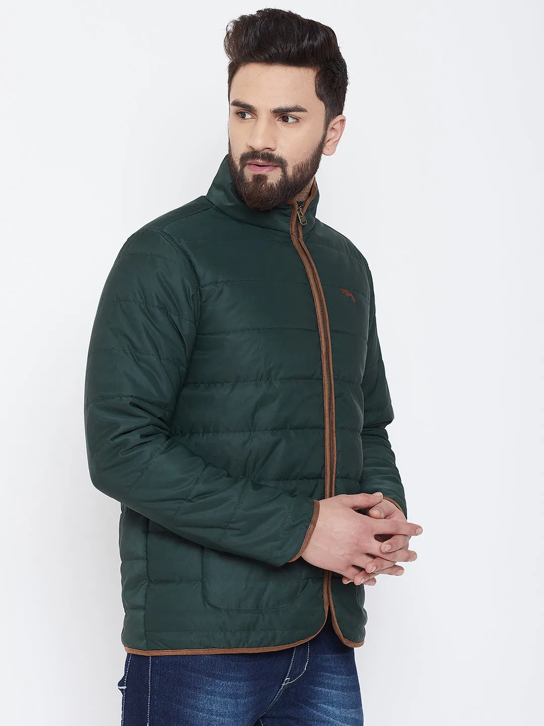 JUMP USA Men Green Solid Casual Quilted Jacket