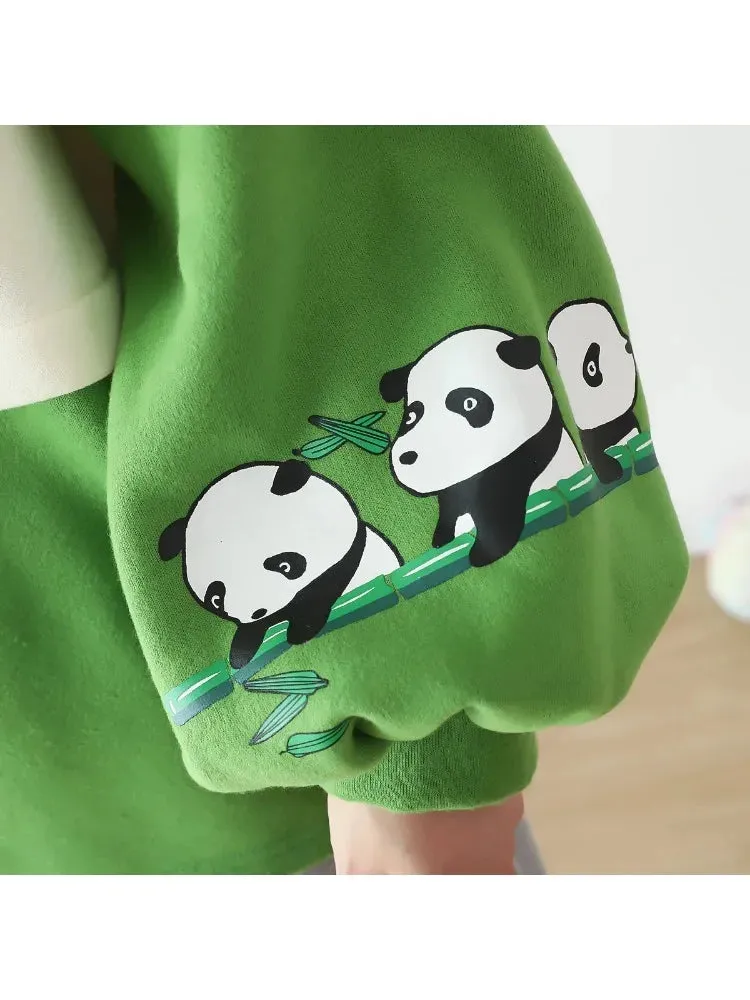 Kawaii Panda Embroidery Fleece Women Hoodies Patchwork Drawstring Hooded Sweatshirt Winter Female Pullover Cute Tops