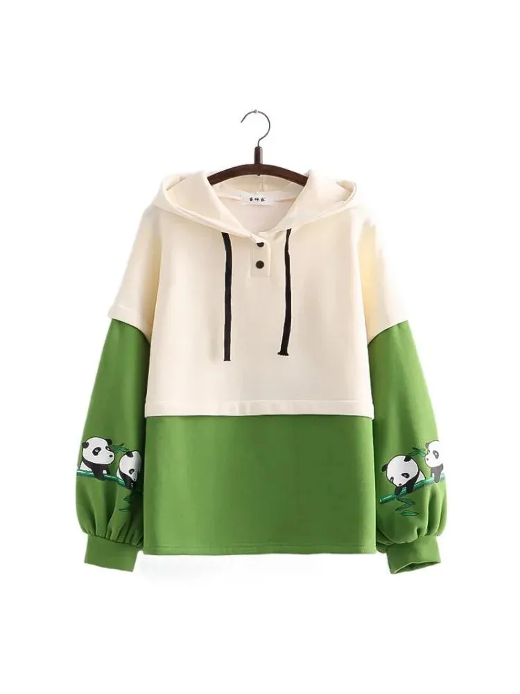 Kawaii Panda Embroidery Fleece Women Hoodies Patchwork Drawstring Hooded Sweatshirt Winter Female Pullover Cute Tops